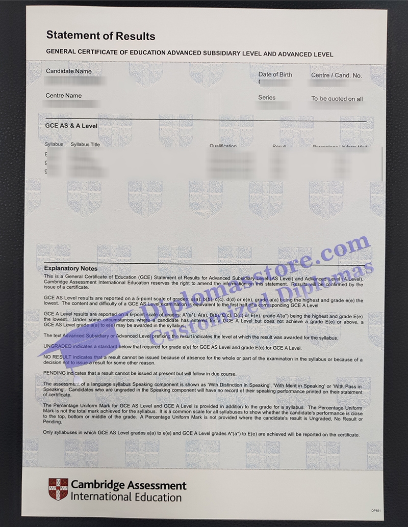 Cambridge GCE statement, GCE a level transcript,
