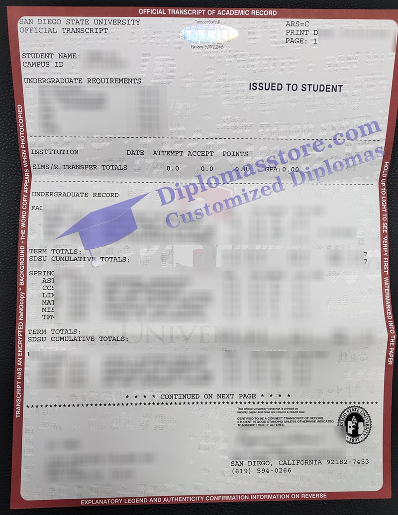 San Diego State University transcript, SDSU transcript,