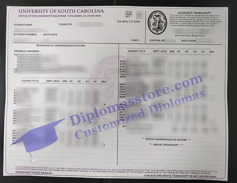 University of South Carolina transcript