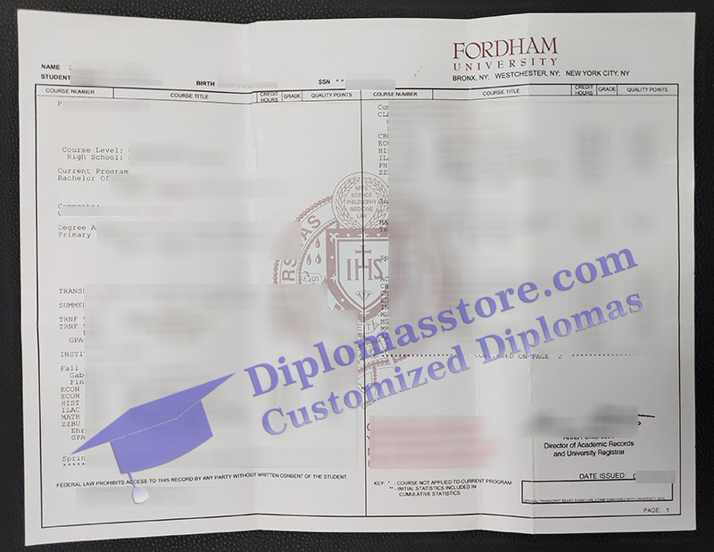 Fordham University transcript, Fordham University certificate,